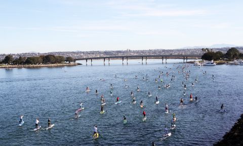 Paddle boarders race on Mission Bay. | Photo: Supconnect