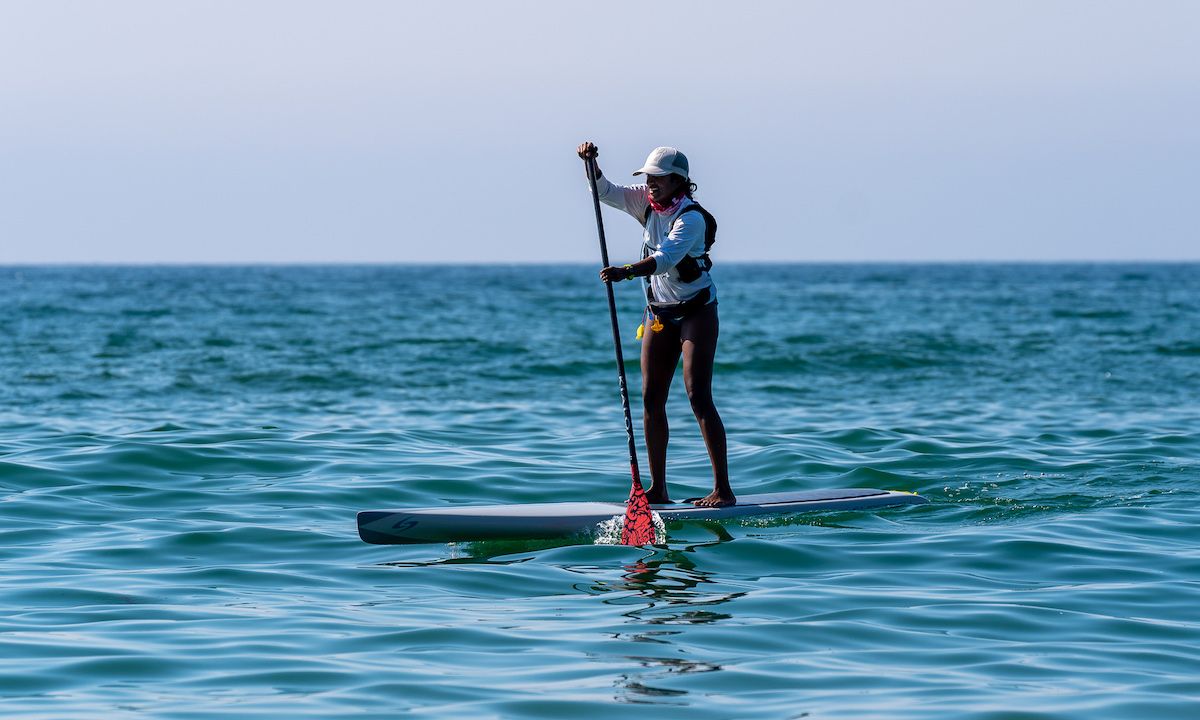 Anupa Asokan paddling the Santa Monica Bay. | Photo: John Suhar