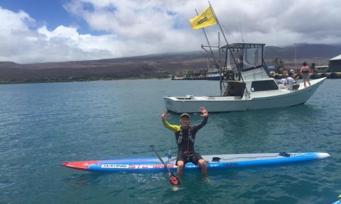 A visibly stoked Connor Baxter after winning his 7th straight Maui-2-Molokai win. | Photo courtesy: Karen Baxter