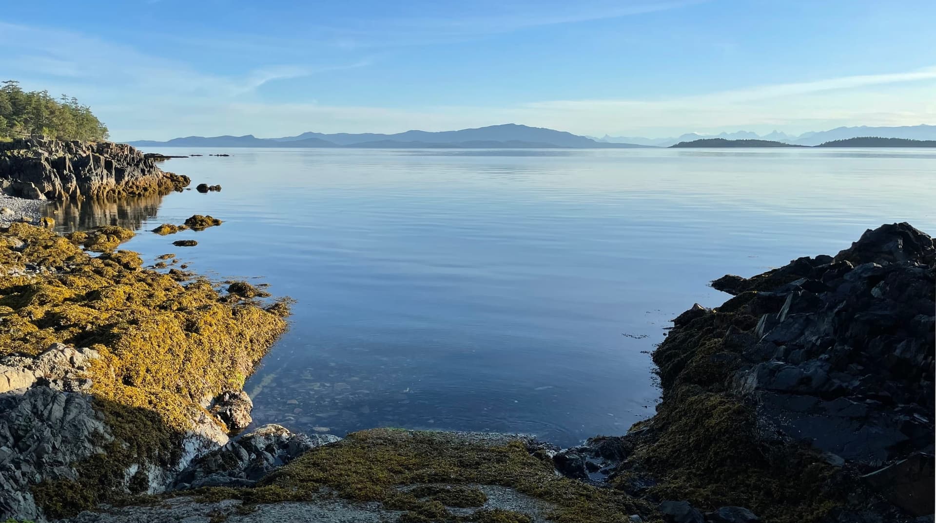 Nanoose Bay on the east coast of Vancouver Island, with calm water and forested shoreline