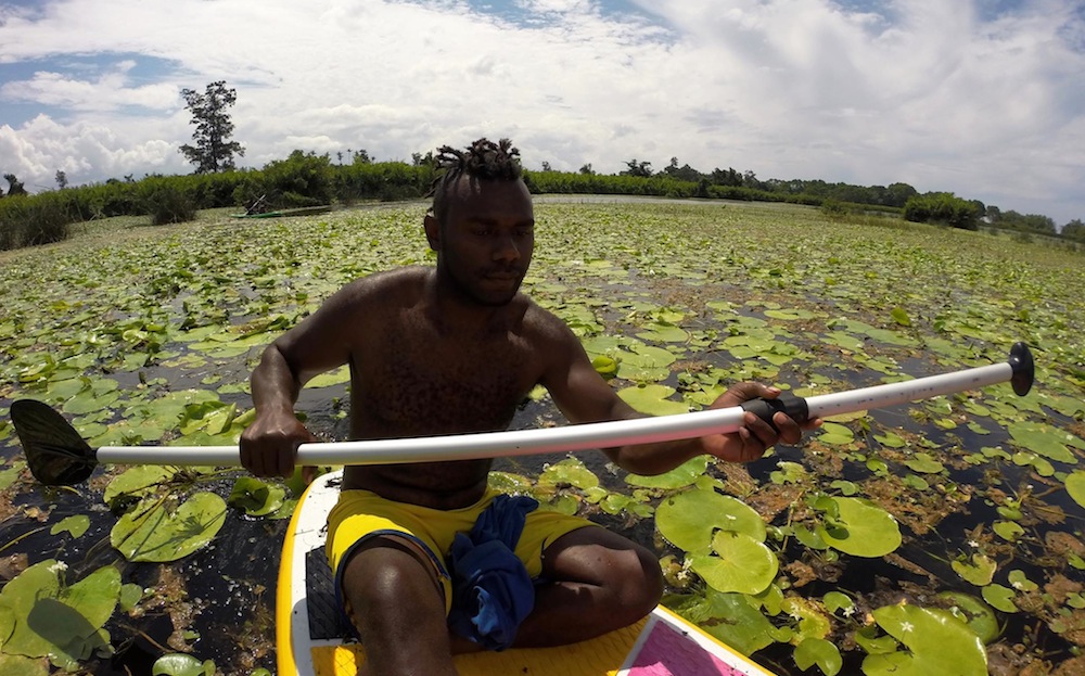 ni vanuatu man paddling through the lilies at big bay espiritu santo vanuatu