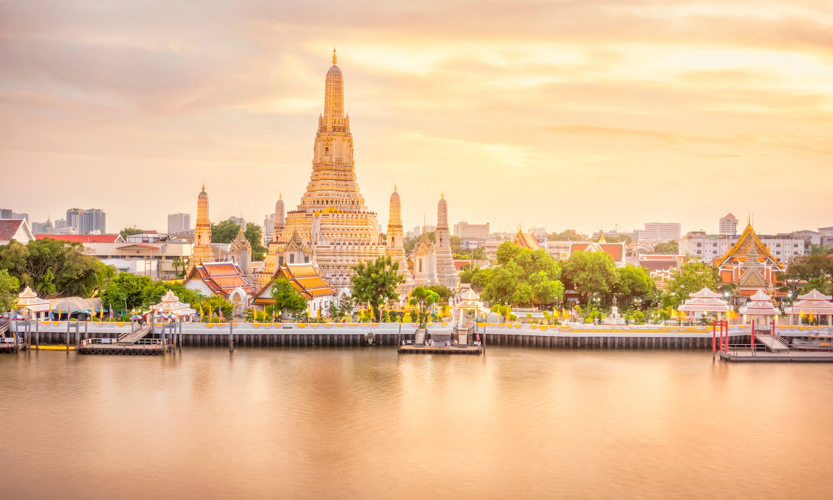 Wat Arun Temple at twilight in Bangkok Thailand