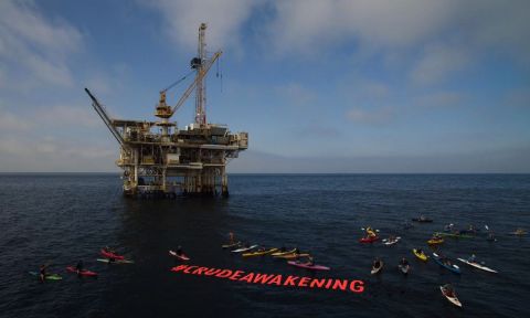 California paddlers and activists recently demonstrated their frustrations with the nearby offshore drilling taking place off the coast of Santa Barbara, California. | Photo Courtesy: Patagonia