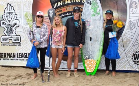 Izzy Gomez, far right, wins the women's Stand UP Paddle World Tour Contest at Huntington Beach, Sept. 2013. Photo by: Harry Wiewel, courtesty of the SUP World Tour