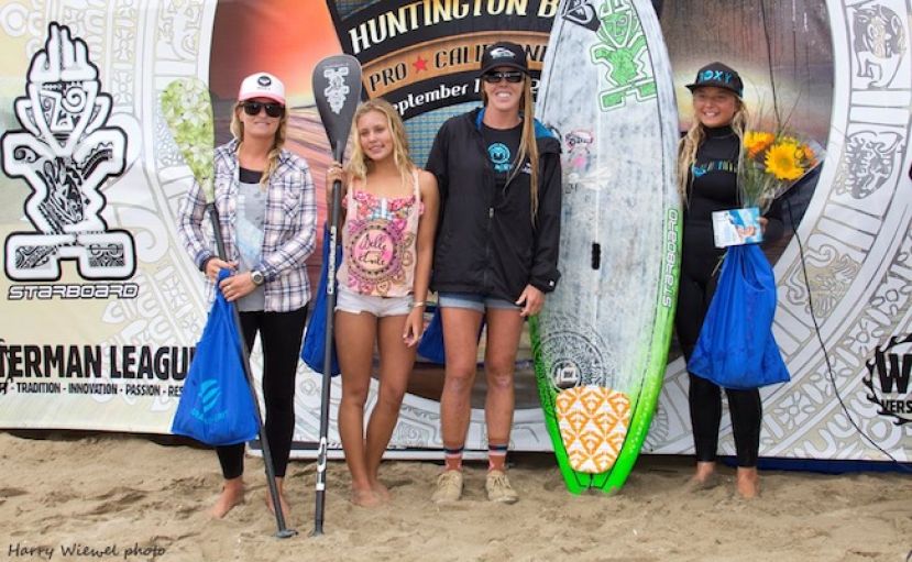 Izzy Gomez, far right, wins the women&#039;s Stand UP Paddle World Tour Contest at Huntington Beach, Sept. 2013. Photo by: Harry Wiewel, courtesty of the SUP World Tour