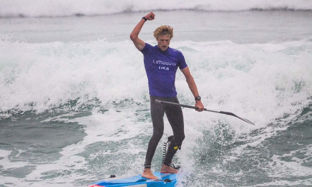 USA’s Connor Baxter soaks in the glory of becoming the first Men’s SUP Racing Pan American Games Gold Medalist in history. | Photo: Latinwave