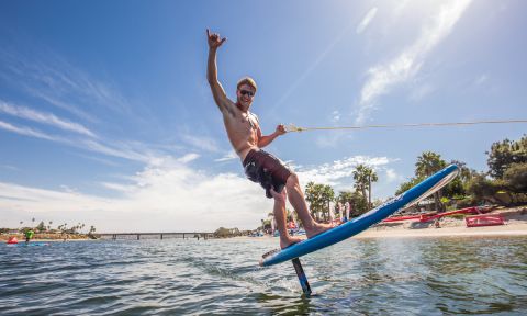 Starboard's Zane Schweitzer demo-ing the hydrofoil in San Diego. | Photo: Georgia Schofield