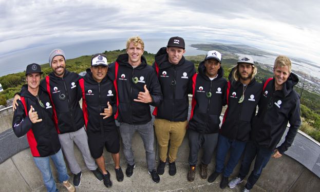 2017 athletes from left to right - Zane Schweitzer (HAW), Coco Nogales (MEX), Manoa Drollet (TAH), Connor Baxter (HAW), Jackson Maynard (AUS), Daniel Kereopa (NZL), Caio Vaz (BRA), Chuck Glynn (USA). | Photo: Cory Scott