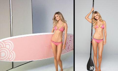 Marrisa Miller with her stand up paddle board at the photo shoot for Shape Magazine in Los Angeles, California.
