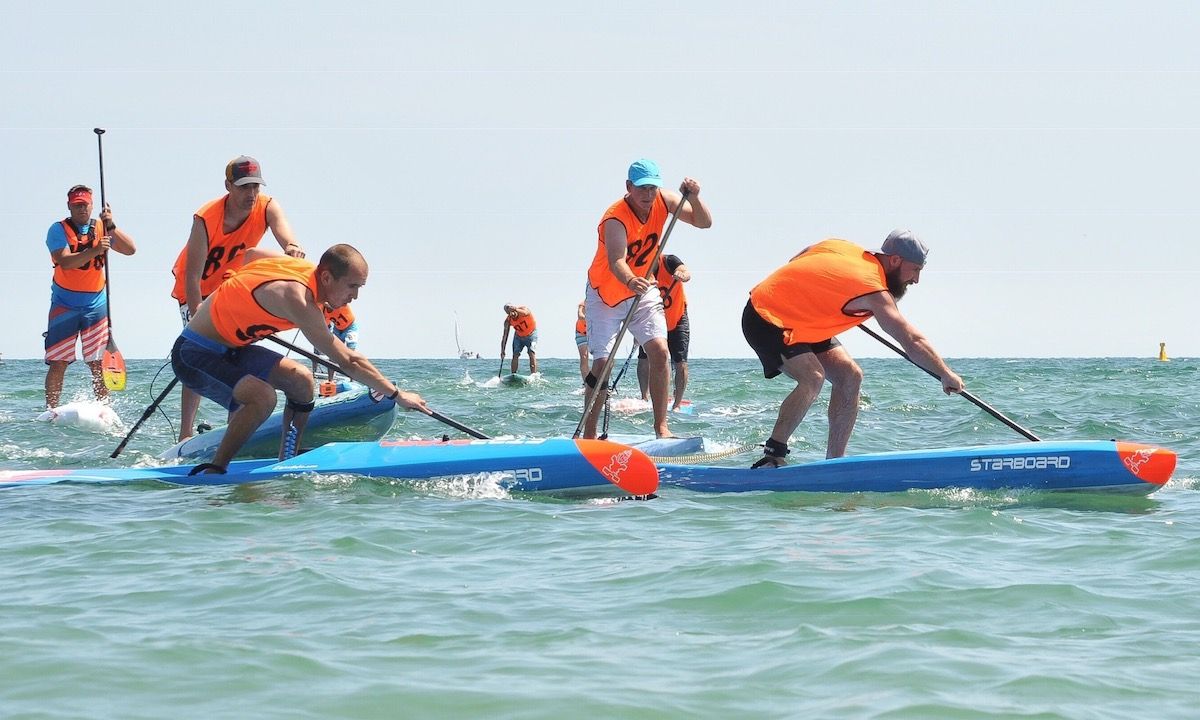 Saviour Aquilini and Dave Flynn take on BaySUP’s Battle of the Bay in July 2018. | Photo: Sarah Thornely