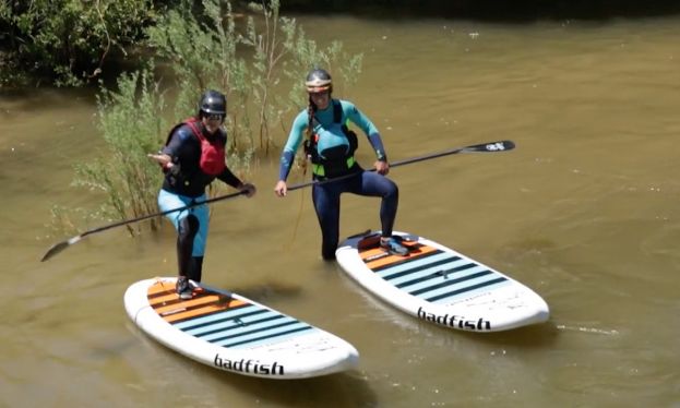 Mike Tavares and Natali Zollinger testing the new Rivershred model from Badfish SUP.