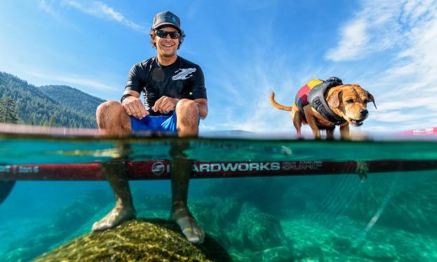 Mike Tavares at Lake Tahoe with his sidekick Shredder. | Photo: Flux Photography