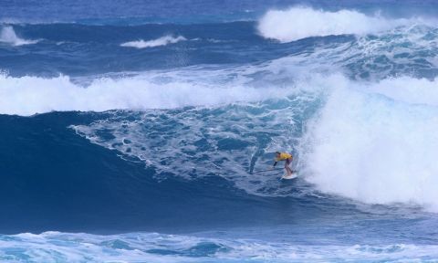 Fiona Wylde made it through the trials into the main event of the Men's Sunset Beach Pro. | Photo Courtesy: Waterman League