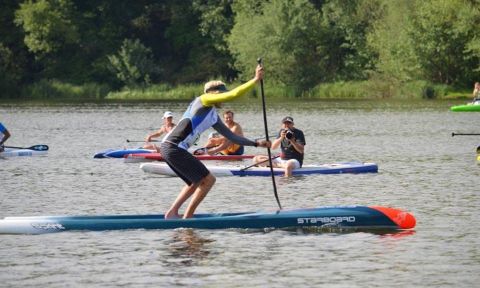 Connor Baxter sprinting in the "Fastest Paddler on Earth" time trials. | Photo Via: Karen Baxter